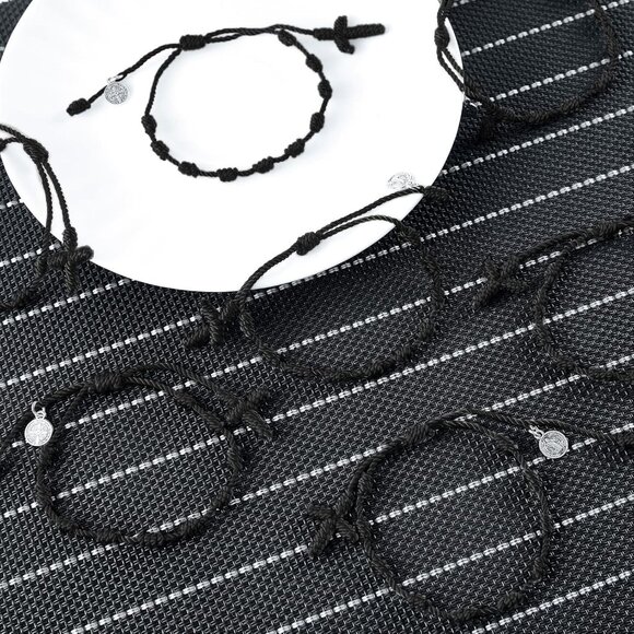 Black Men's/Women's St Benedict Medal Rosary Bracelet Adjustable Cord Chain - Picture 6 of 7